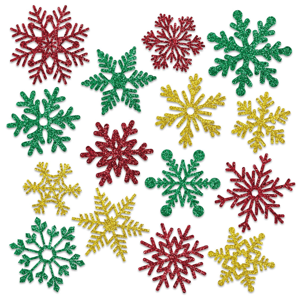 Whaline snowflake magnets set on a fridge in red, green and gold for festive kitchen decor