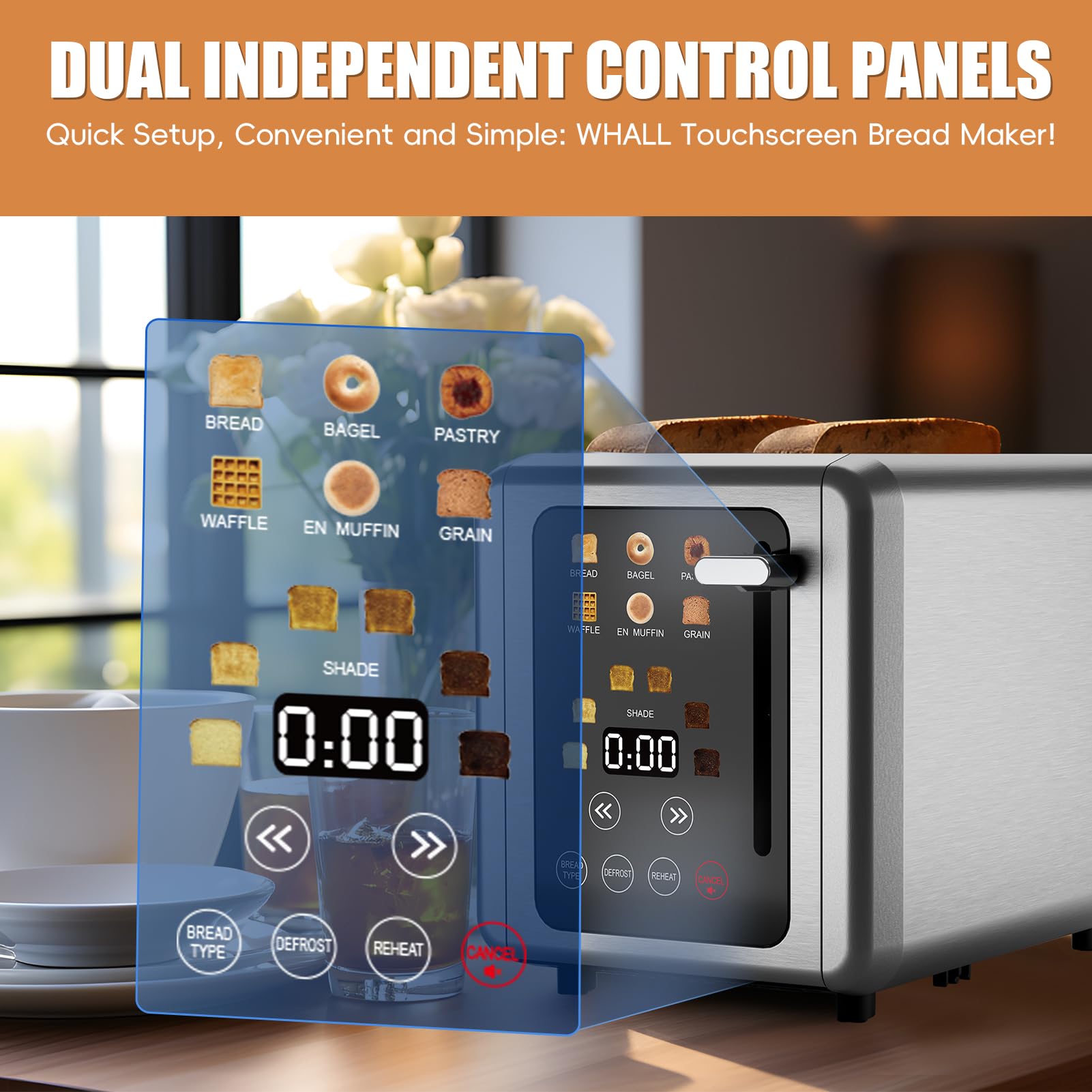 WHALL toaster with digital timer display for quick, predictable toasting results.