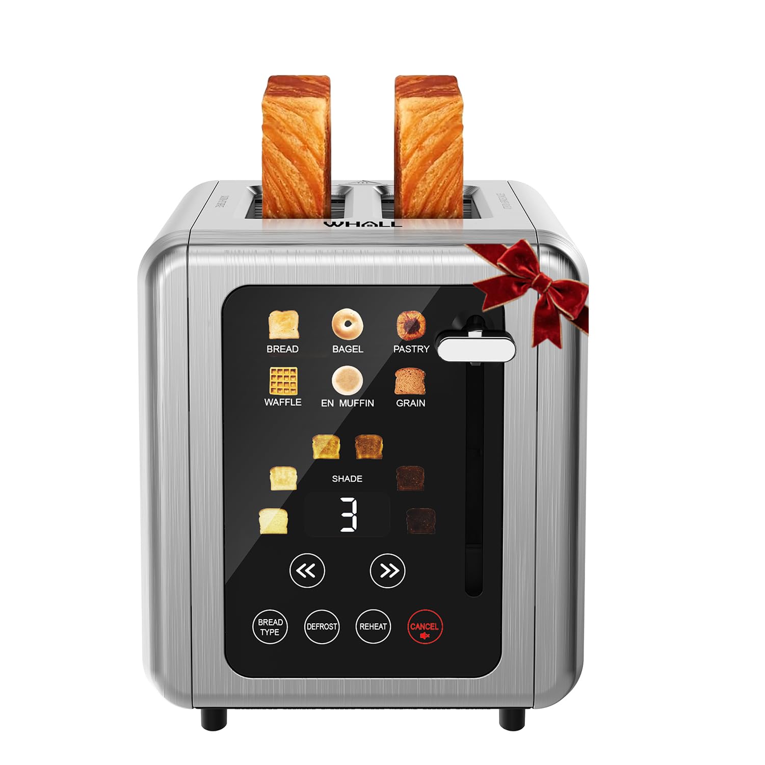 WHALL touch screen toaster 2-slice front view with digital timer for precise control.