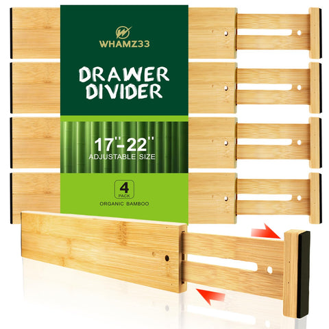WHAMZ33 W bamboo drawer divider fits 17-22 inch drawers for clutter-free organization.
