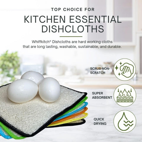 Whiffkitch 2-ply weave demonstrates gentle scrubbing on cookware.
