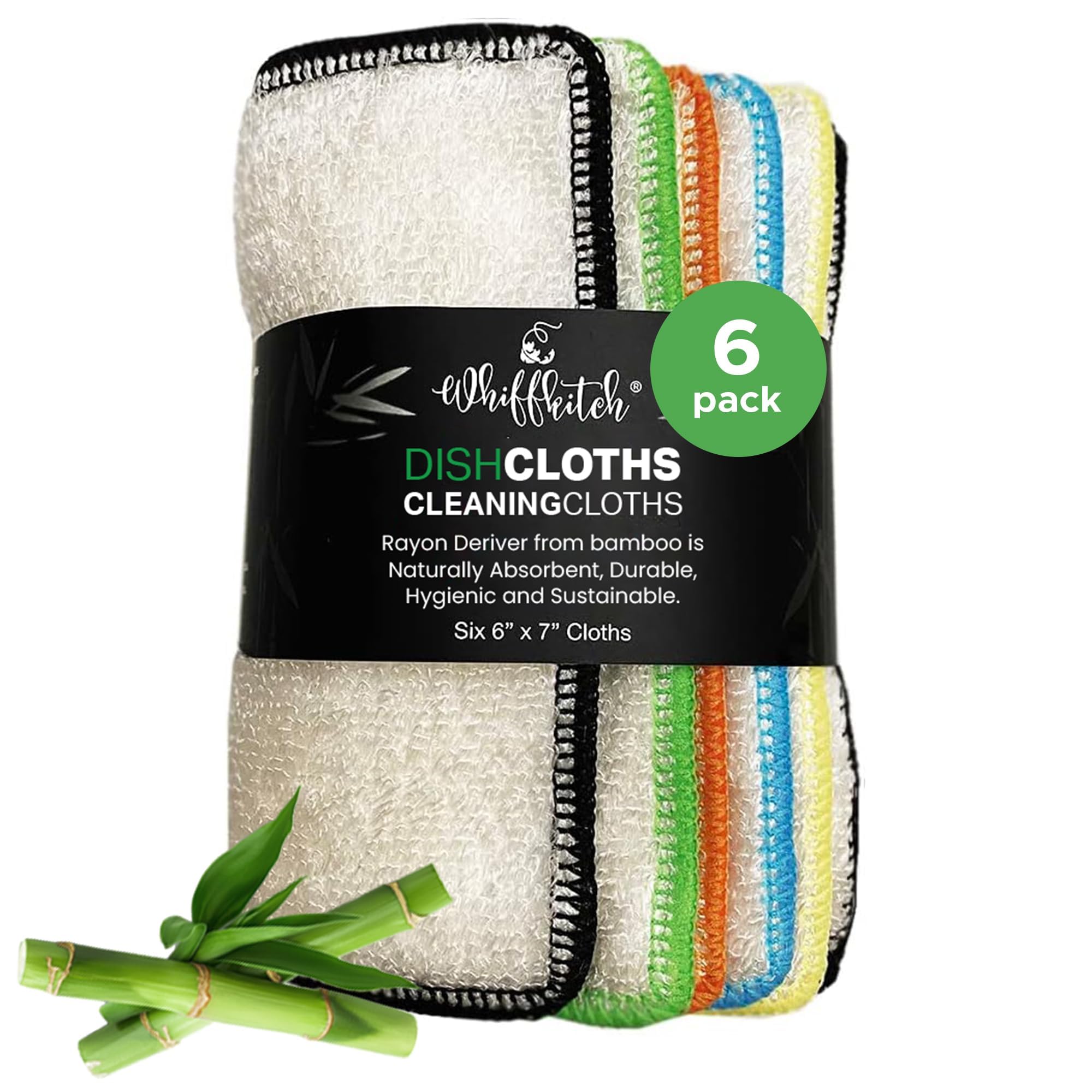 Whiffkitch dishcloth highlights bamboo-rayon material and eco-friendly choice.
