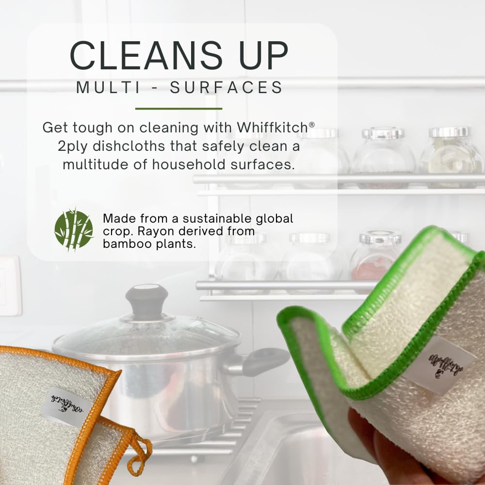 Whiffkitch dishcloth with soft scrubbing nubs protects non-stick surfaces.