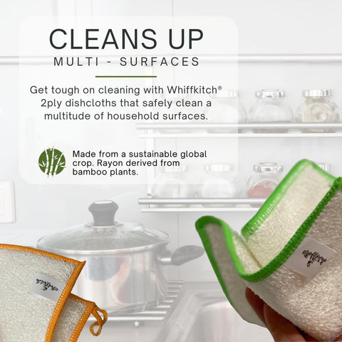 Whiffkitch dishcloth with soft scrubbing nubs protects non-stick surfaces.