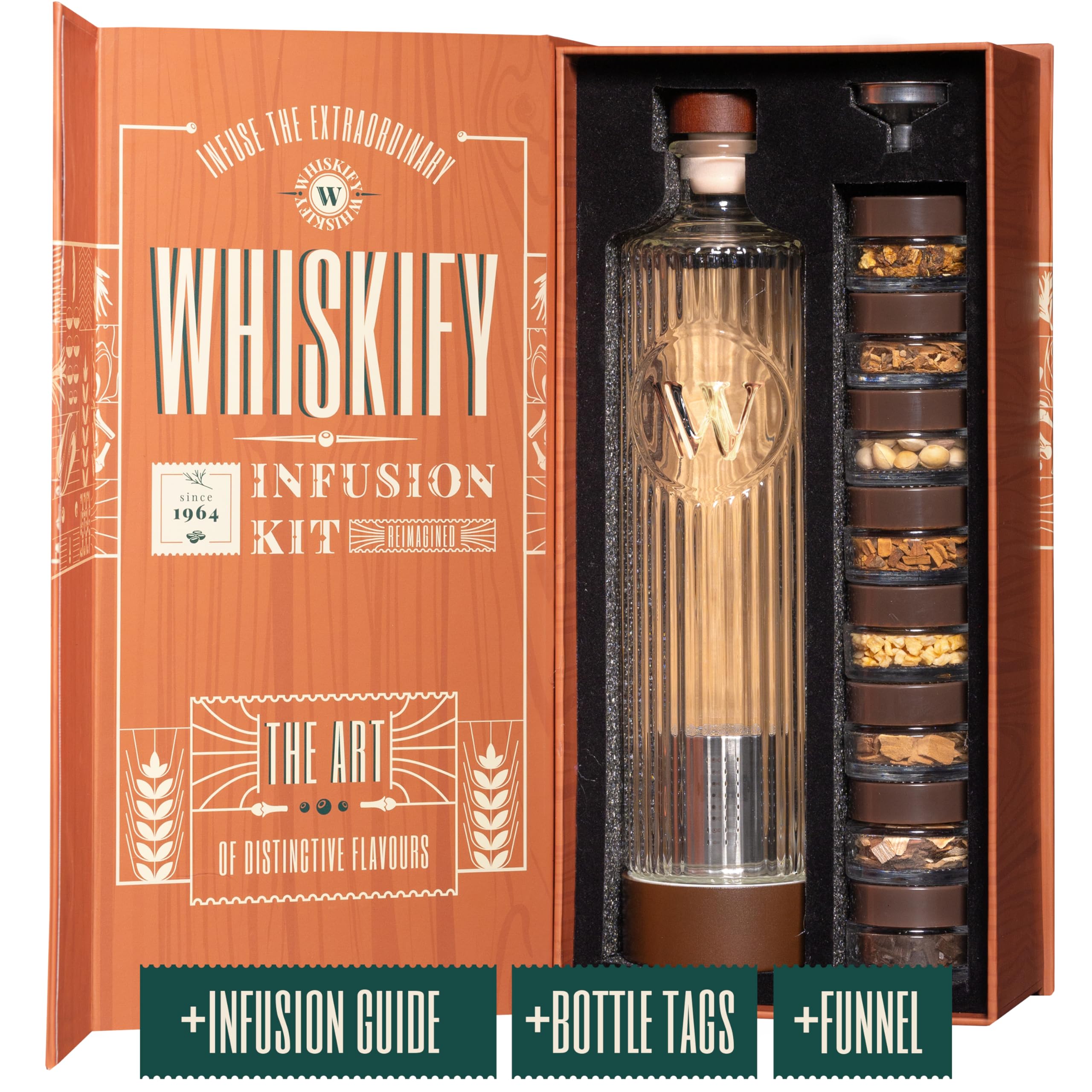 Whiskify whiskey infusion kit with botanicals and bottles for DIY flavor options.