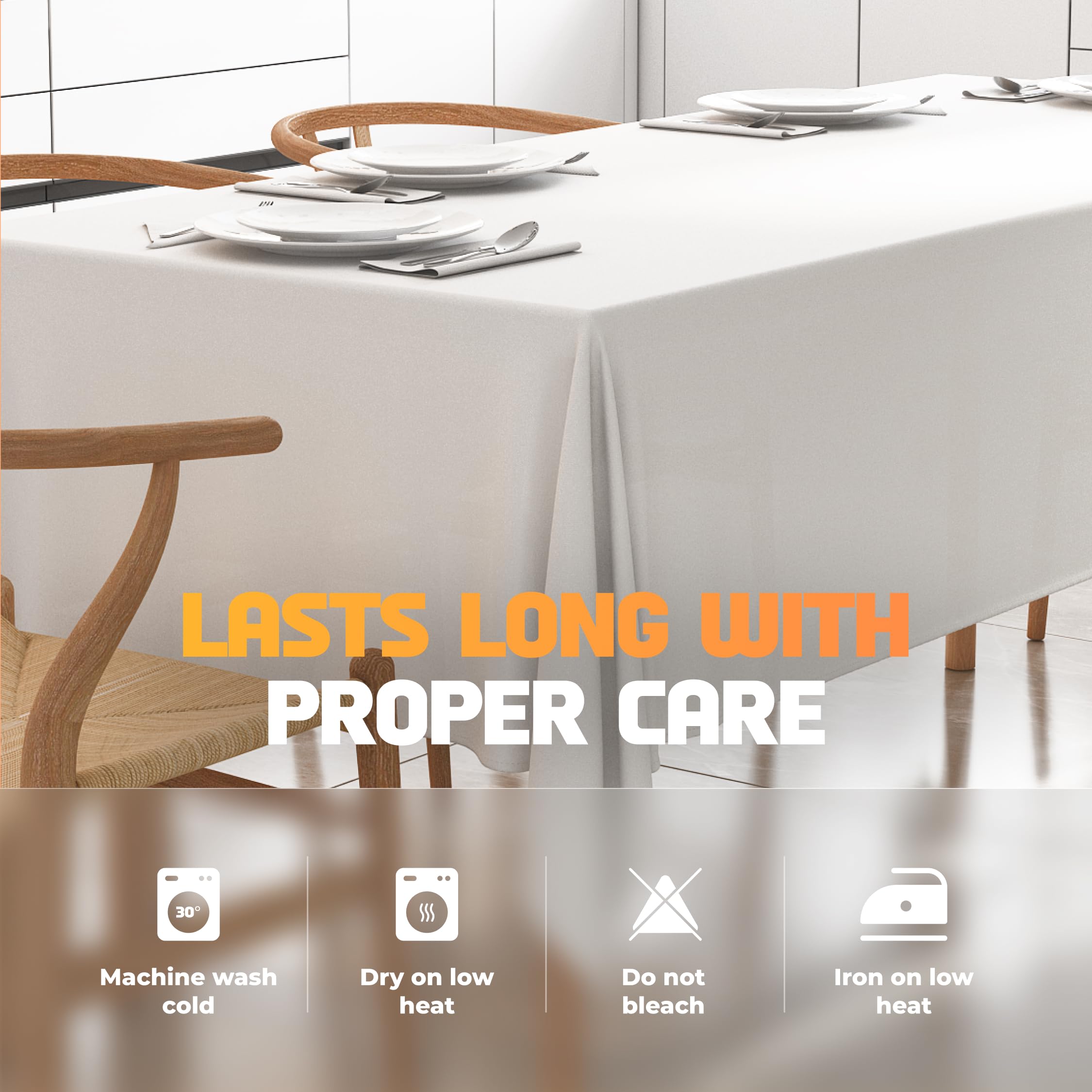8ft rectangle table covered with WEALUXE white cloth showing 15-inch drop