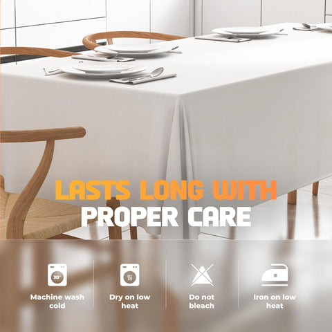 8ft rectangle table covered with WEALUXE white cloth showing 15-inch drop