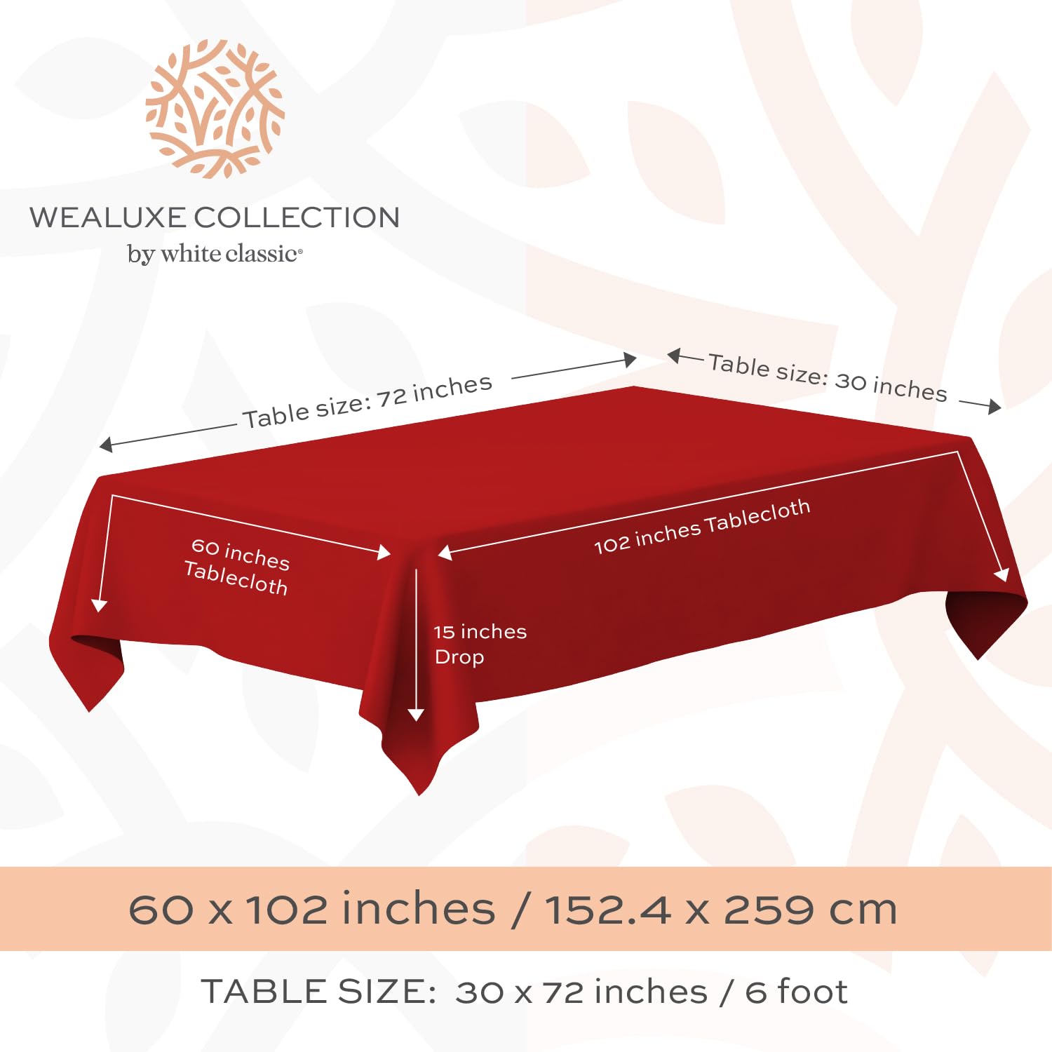 White Classic Wealuxe red tablecloth on dining table with wrinkle-free finish after drying.