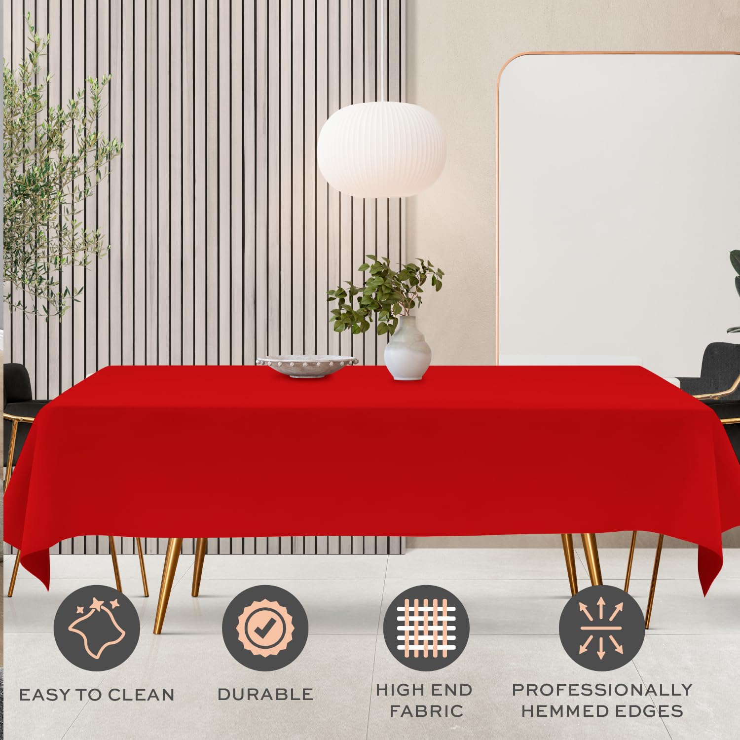 White Classic Wealuxe red tablecloth featuring stain resistance and easy wipe-clean capability.