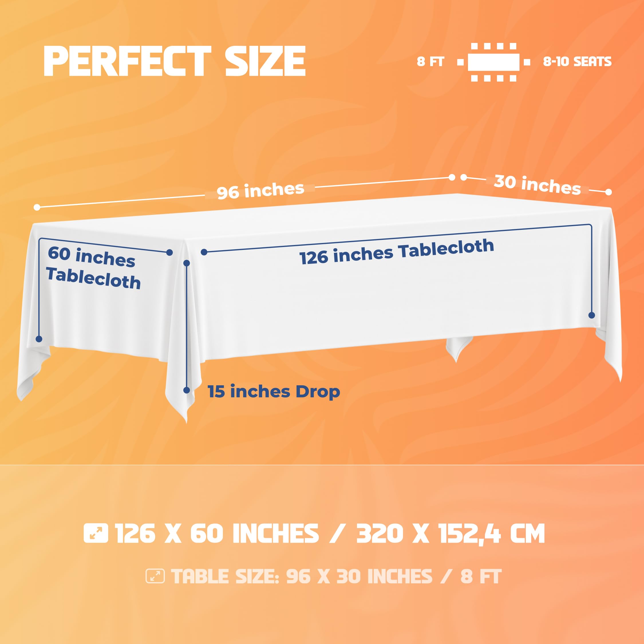 WEALUXE tablecloth draped on an 8ft table, wrinkle-resistant for tidy elegance