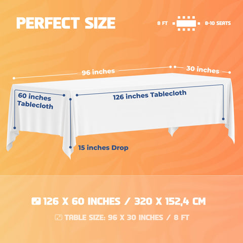 WEALUXE tablecloth draped on an 8ft table, wrinkle-resistant for tidy elegance