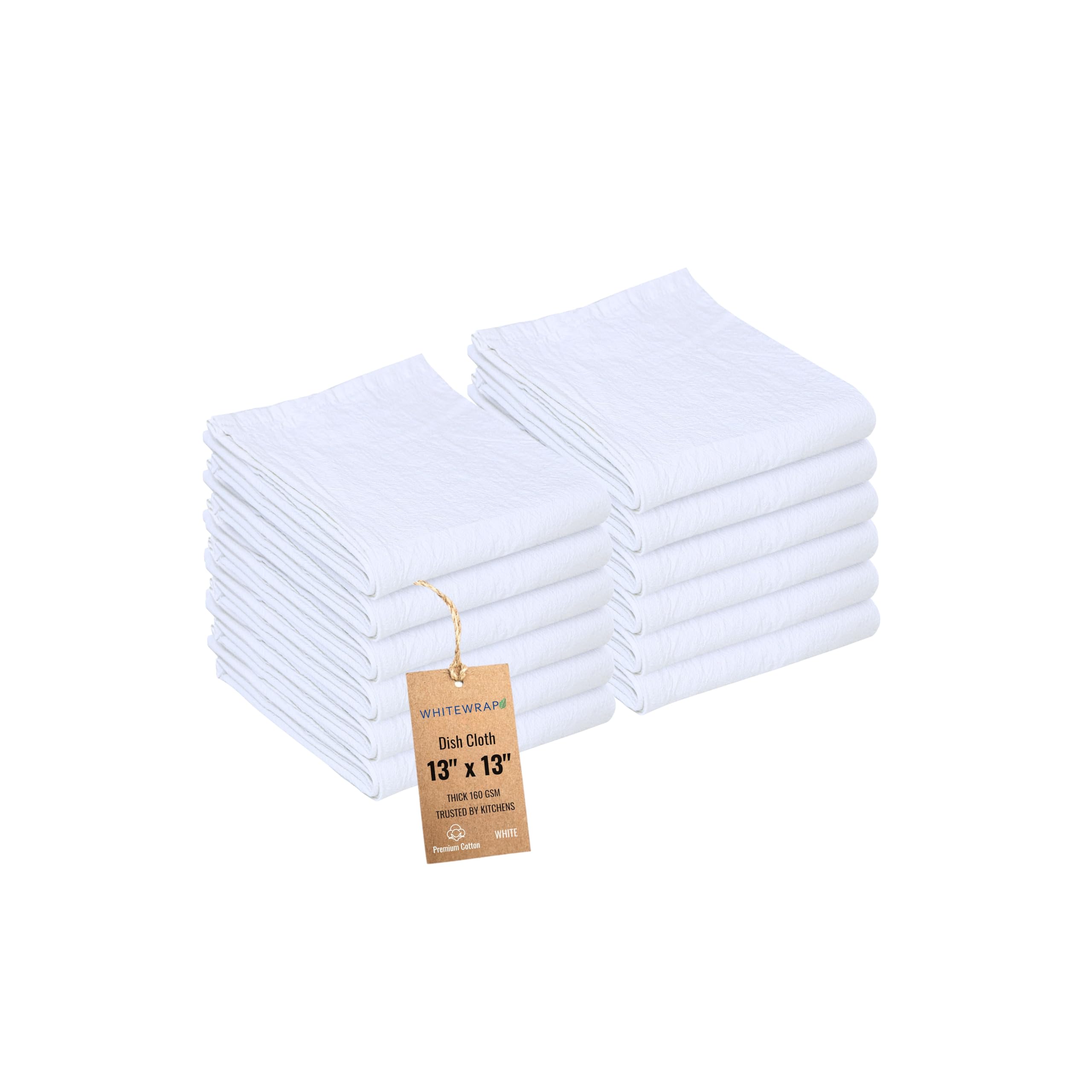 WHITEWRAP dish cloths folded to show thick absorbent cotton and soft texture.