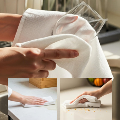 WHITEWRAP dish cloths for salad spinning and kitchen drying tasks.