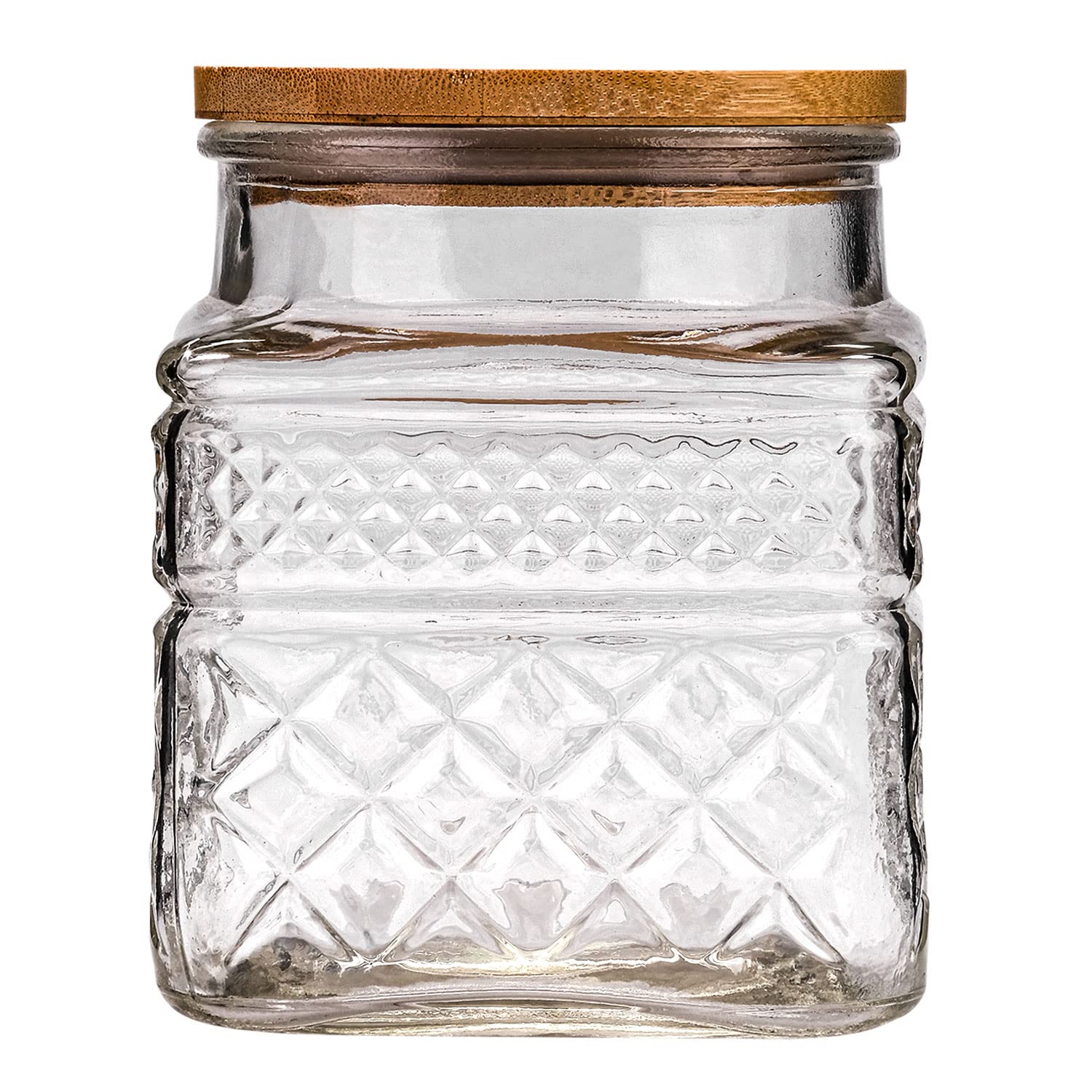 WHJY glass storage container with airtight lid and embossed geometry for stylish pantry storage.