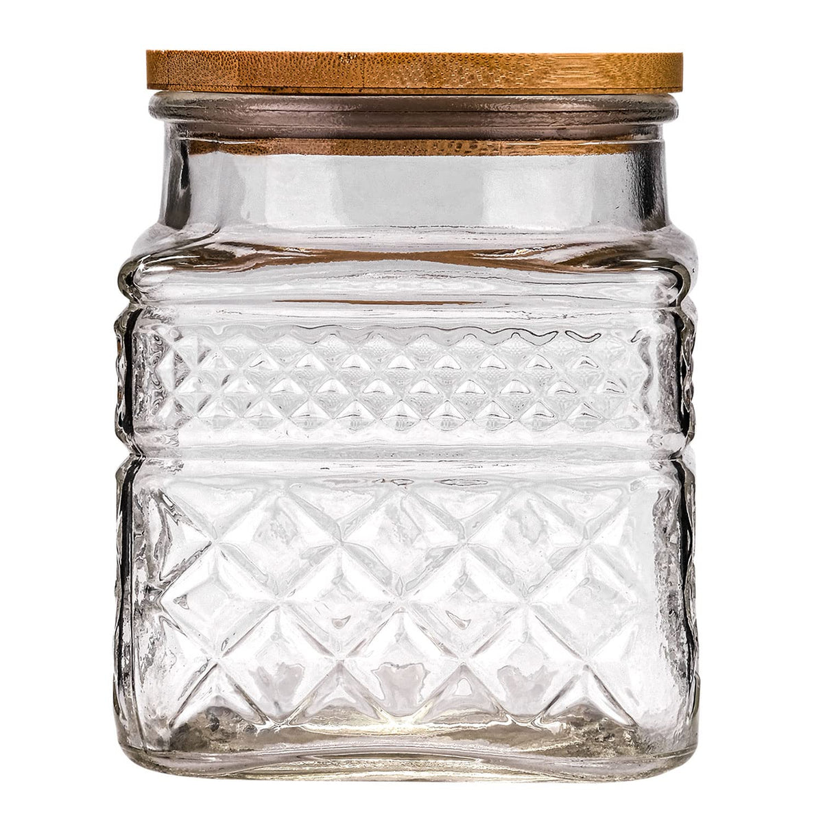 WHJY glass storage container with airtight lid and embossed geometry for stylish pantry storage.