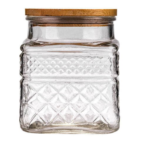 WHJY glass storage container with airtight lid and embossed geometry for stylish pantry storage.