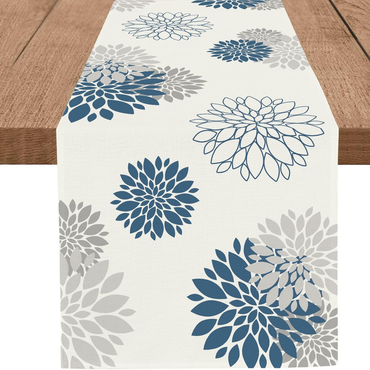 WHOMEAF blue gray dahlia table runner on dining table, elegant centerpiece and protection