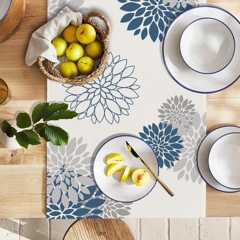 WHOMEAF blue gray floral runner complements farmhouse decor for casual and formal meals.