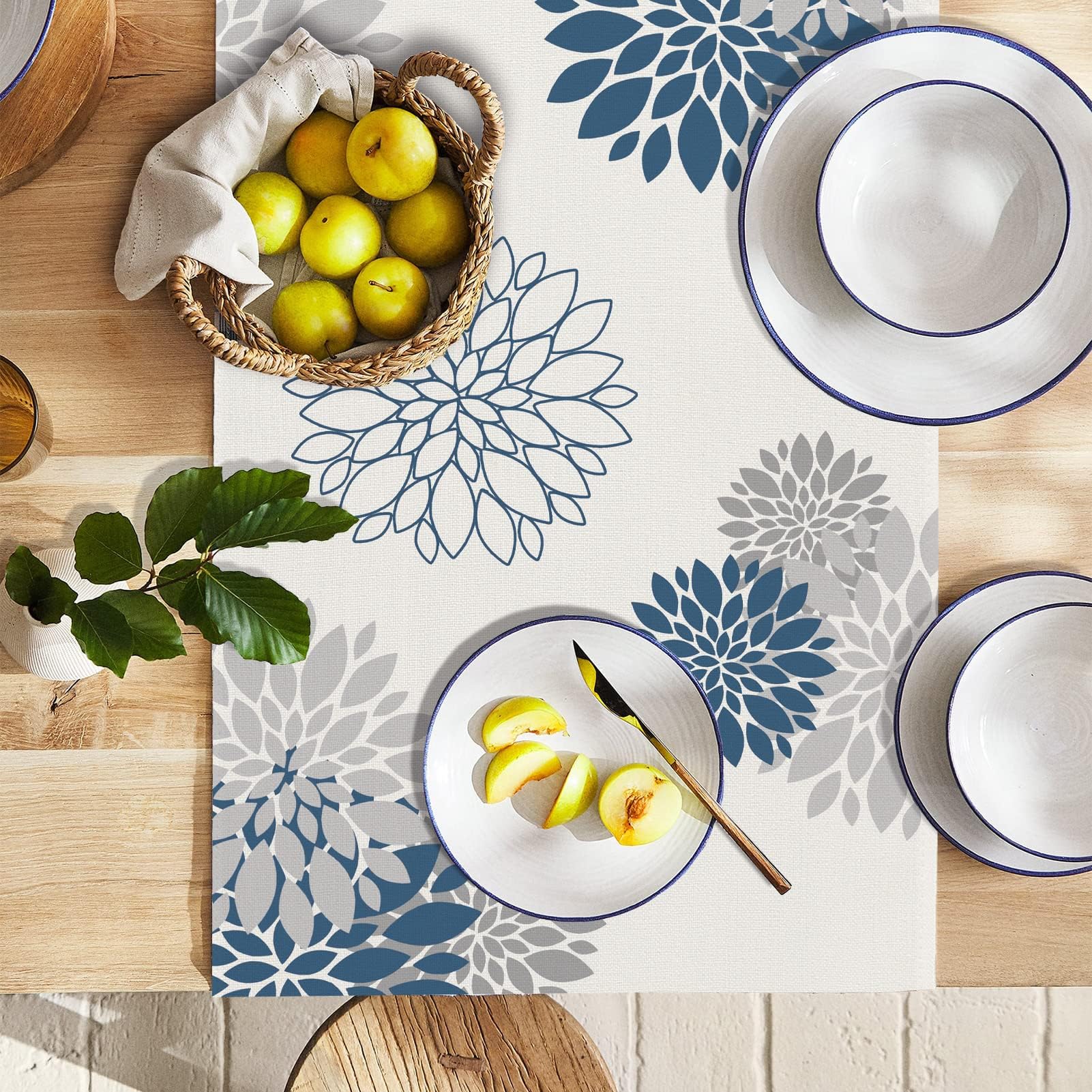 WHOMEAF dahlia pattern table runner close-up showing color depth and texture