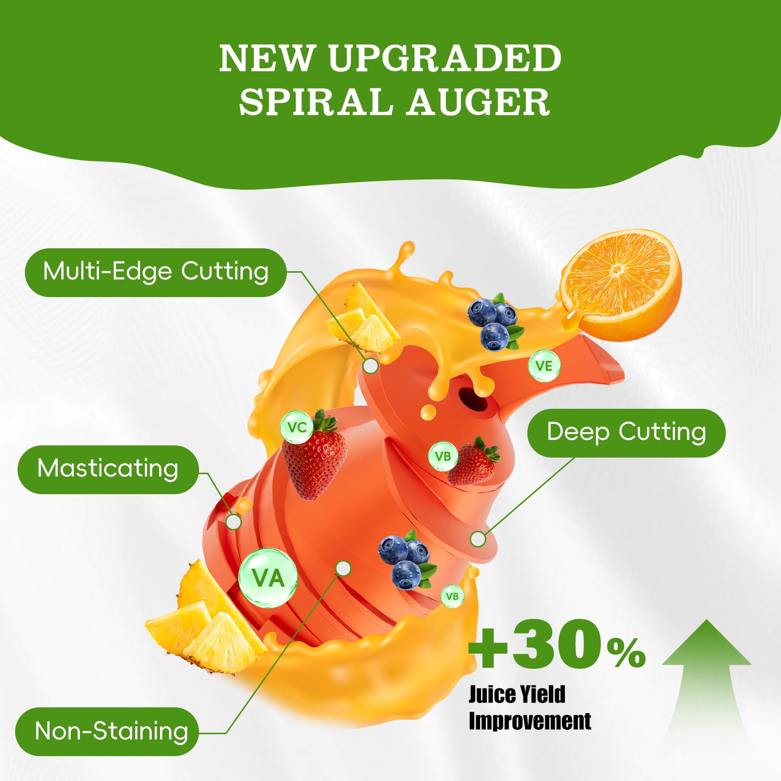Whuto cold press juicer upgraded spiral auger increases squeezing efficiency for more juice.