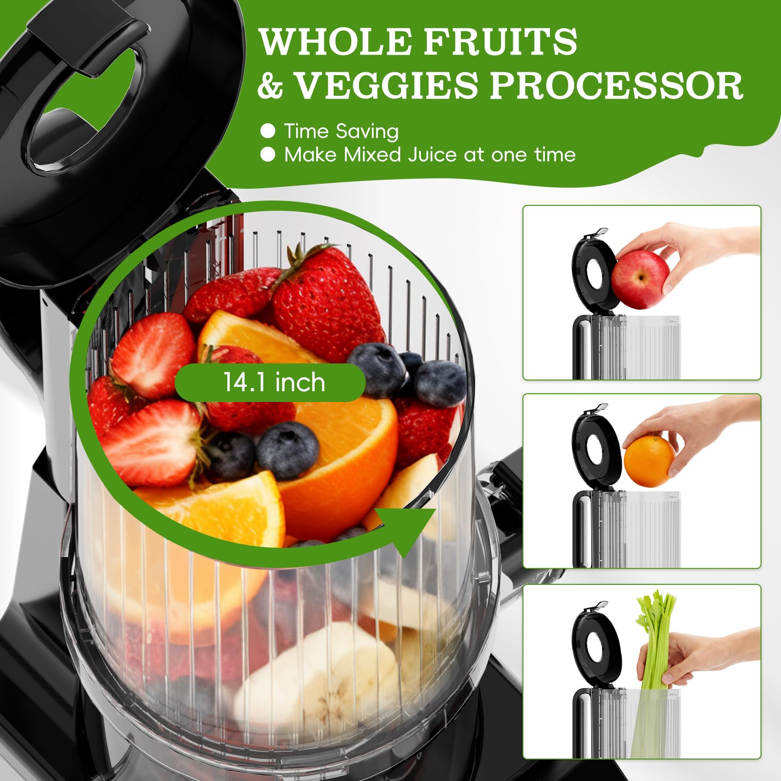 Whuto juicer shows stainless steel body and accessible control panel for easy operation