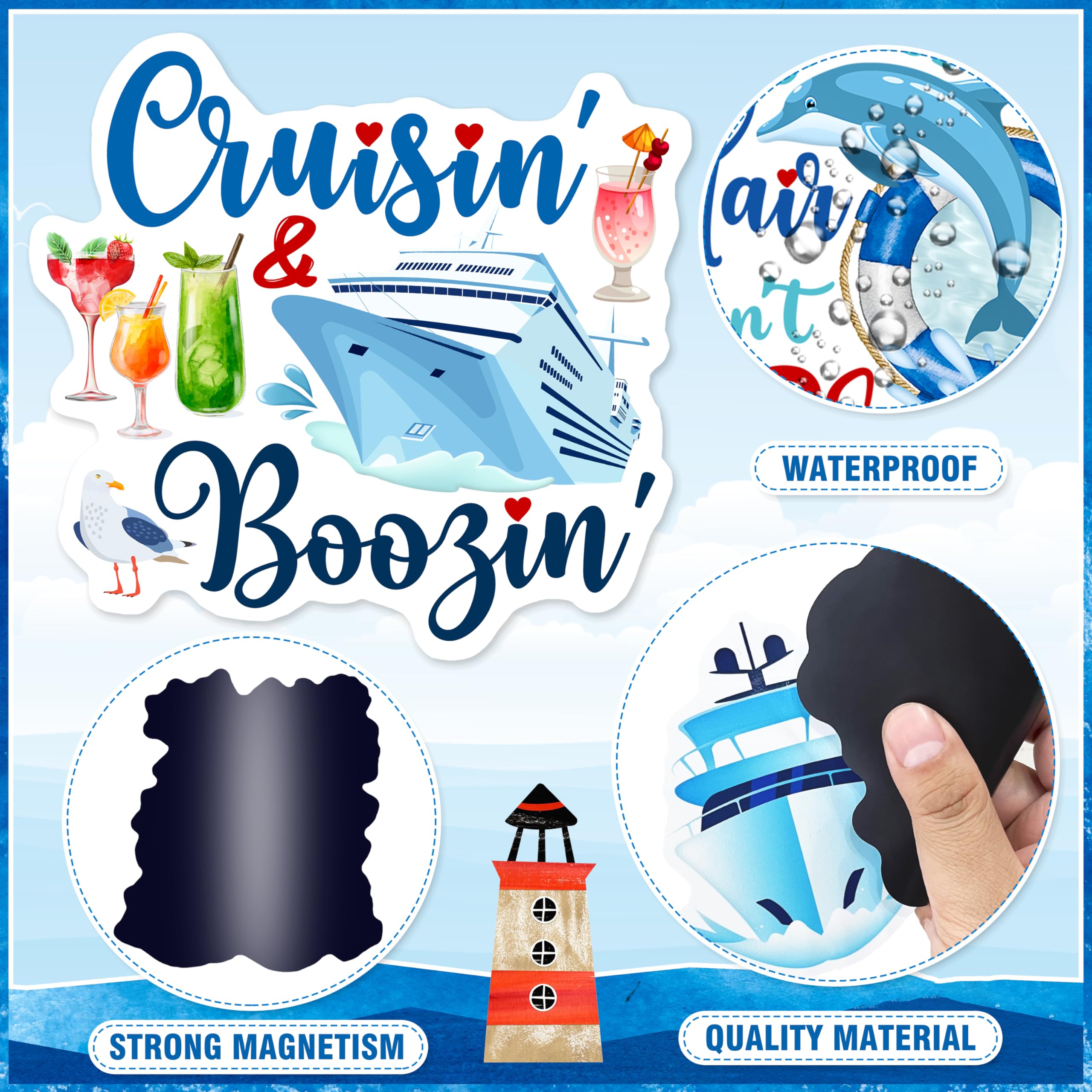 WHYMEO summer-theme magnets close-up with vibrant beach and ship imagery.