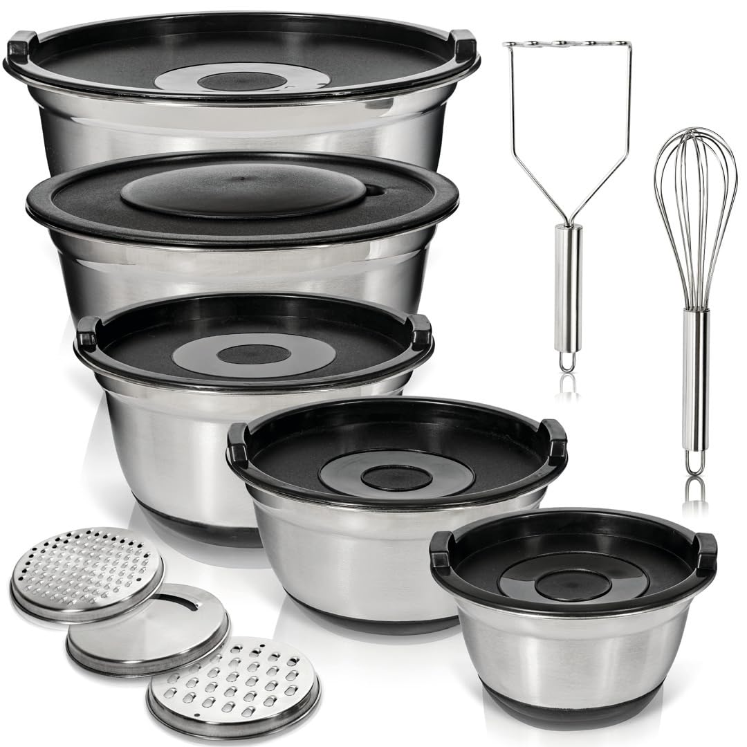 WHYSKO stainless steel mixing bowls set with lids for meal prep and storage.