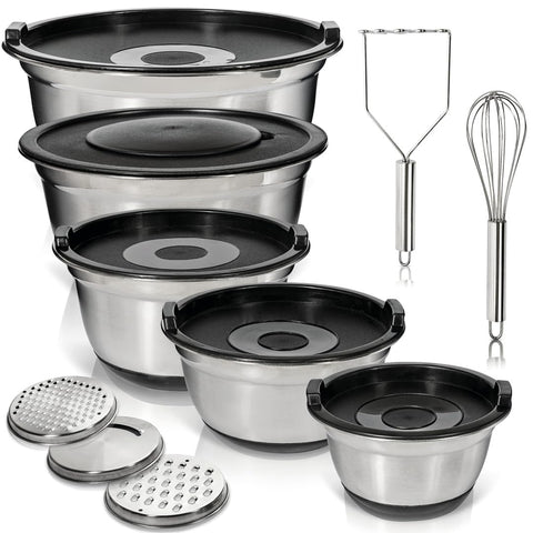 WHYSKO stainless steel mixing bowls set with lids for meal prep and storage.