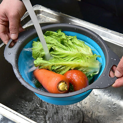 WHZHAOCAI silicone strainer duo folded flat for easy travel storage.
