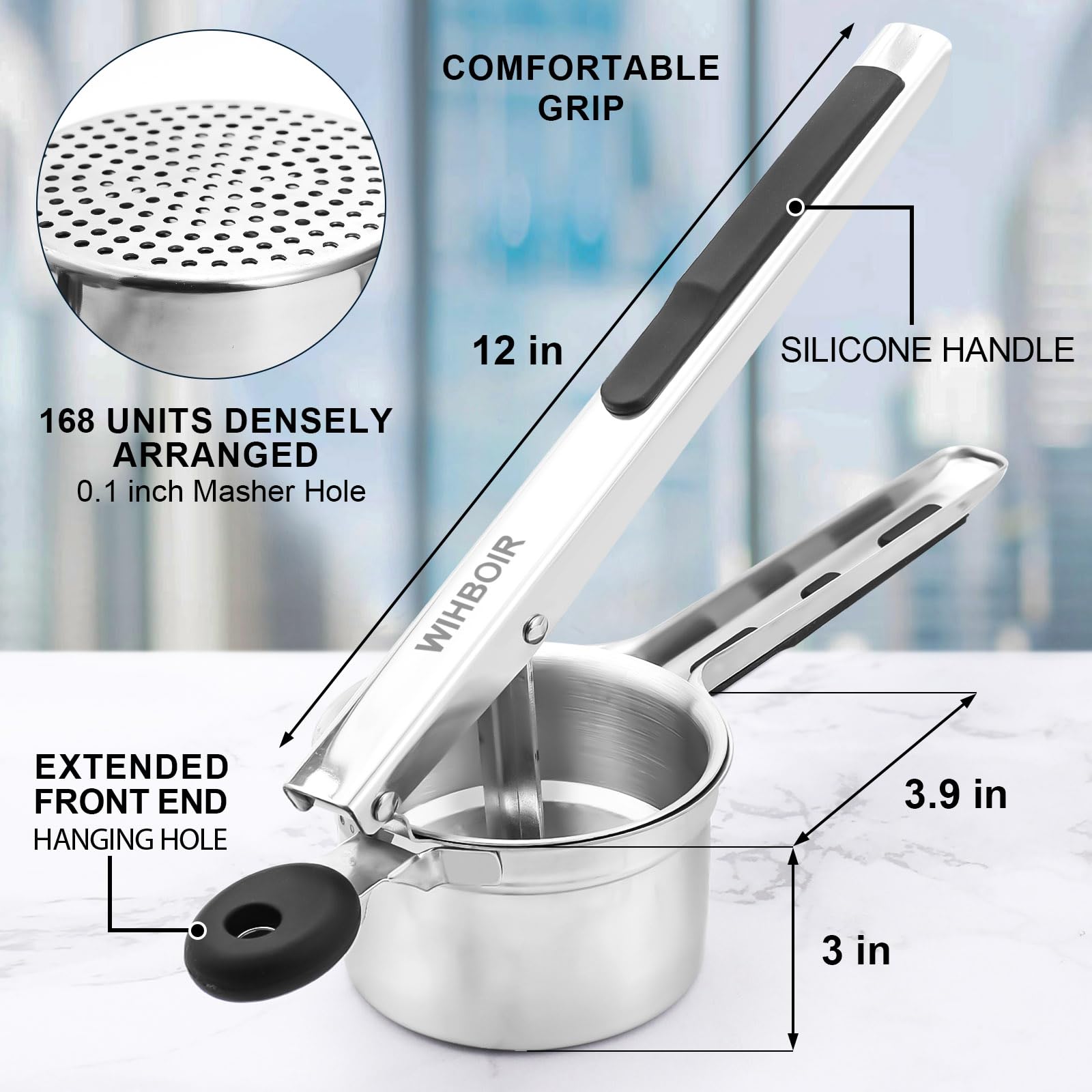 WIHBOIR ricer showing ergonomic lever for easy pressing over bowls