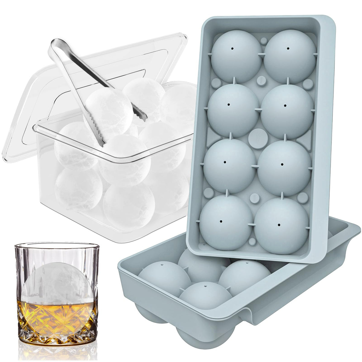 WIBIMEN large ice cube molds in blue produce eight round balls for whiskey.