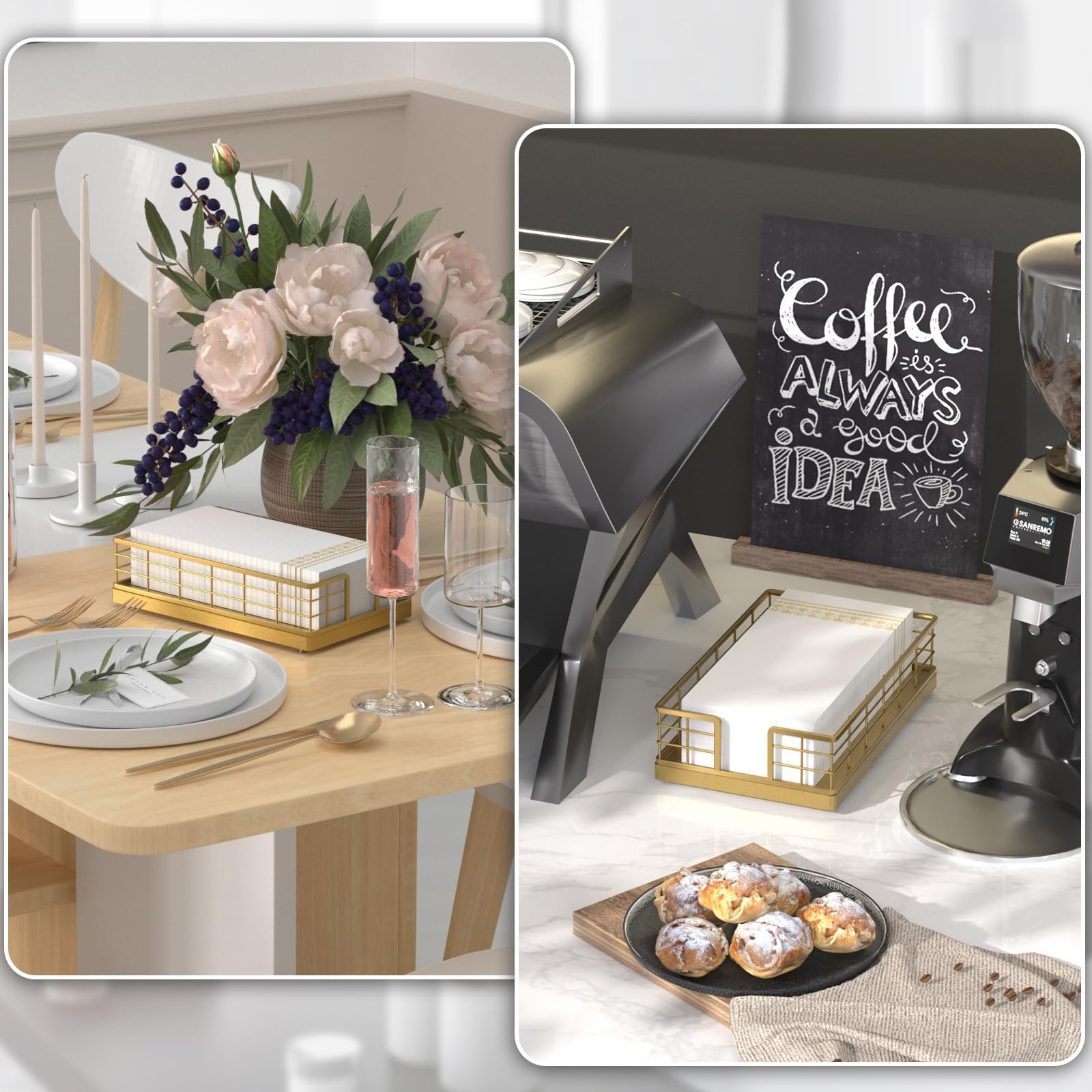 Wican gold finish bathroom tray highlighting stylish organization.