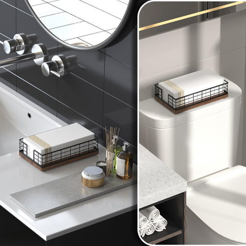 Wican towel holder placed behind the toilet blends practicality with decorative appeal