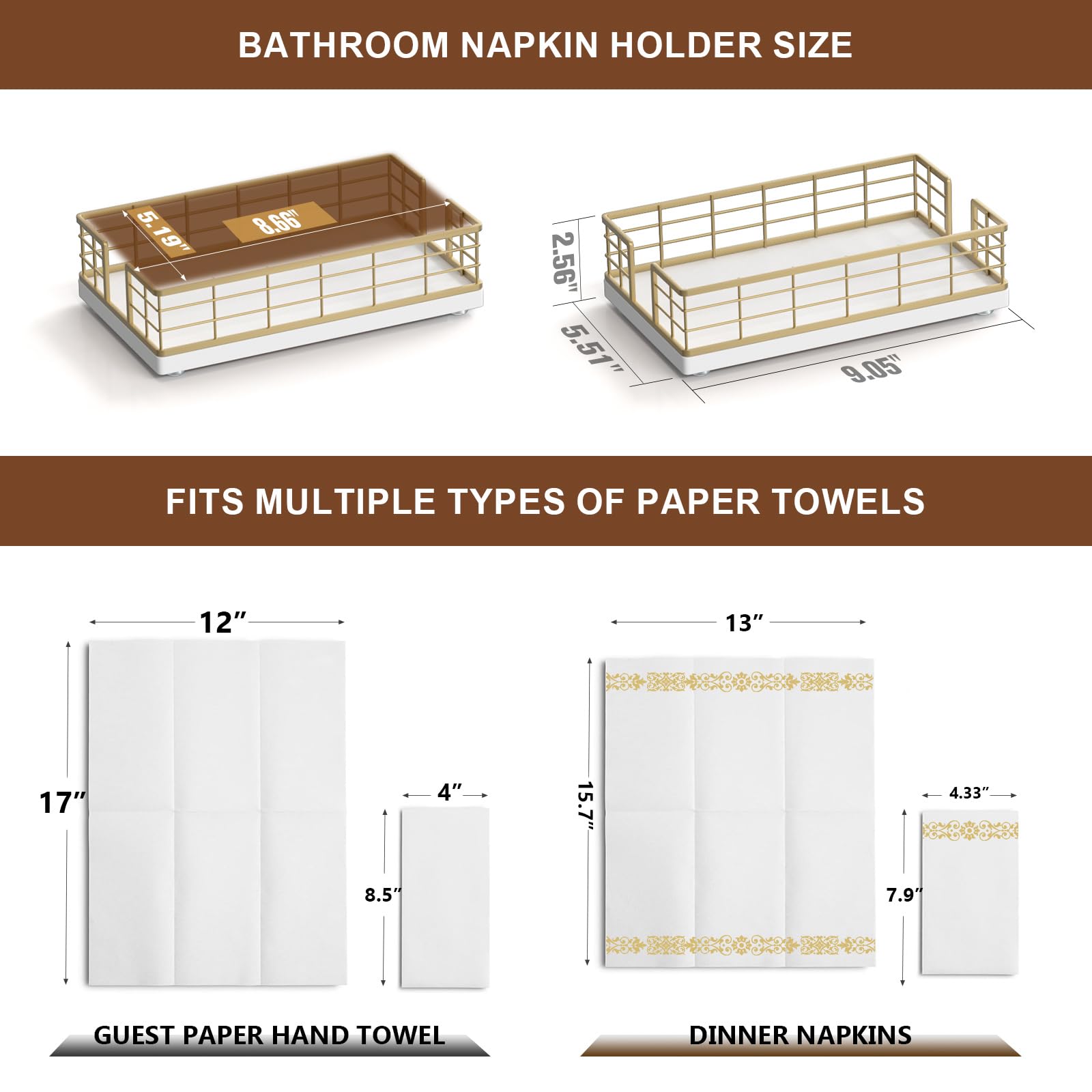 Wican guest towel holder tray highlights its dimensions for towel fit.