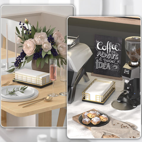 Wican guest towel holder tray with gold and black finish enhances any powder room decor.