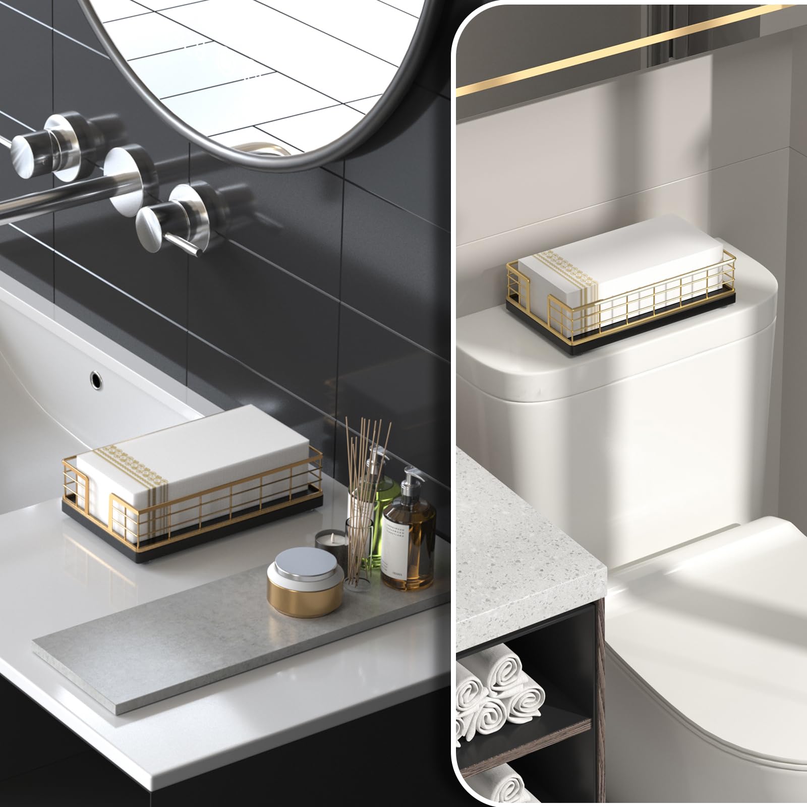 Wican guest towel holder tray close-up shows oak and iron detail for durable style.