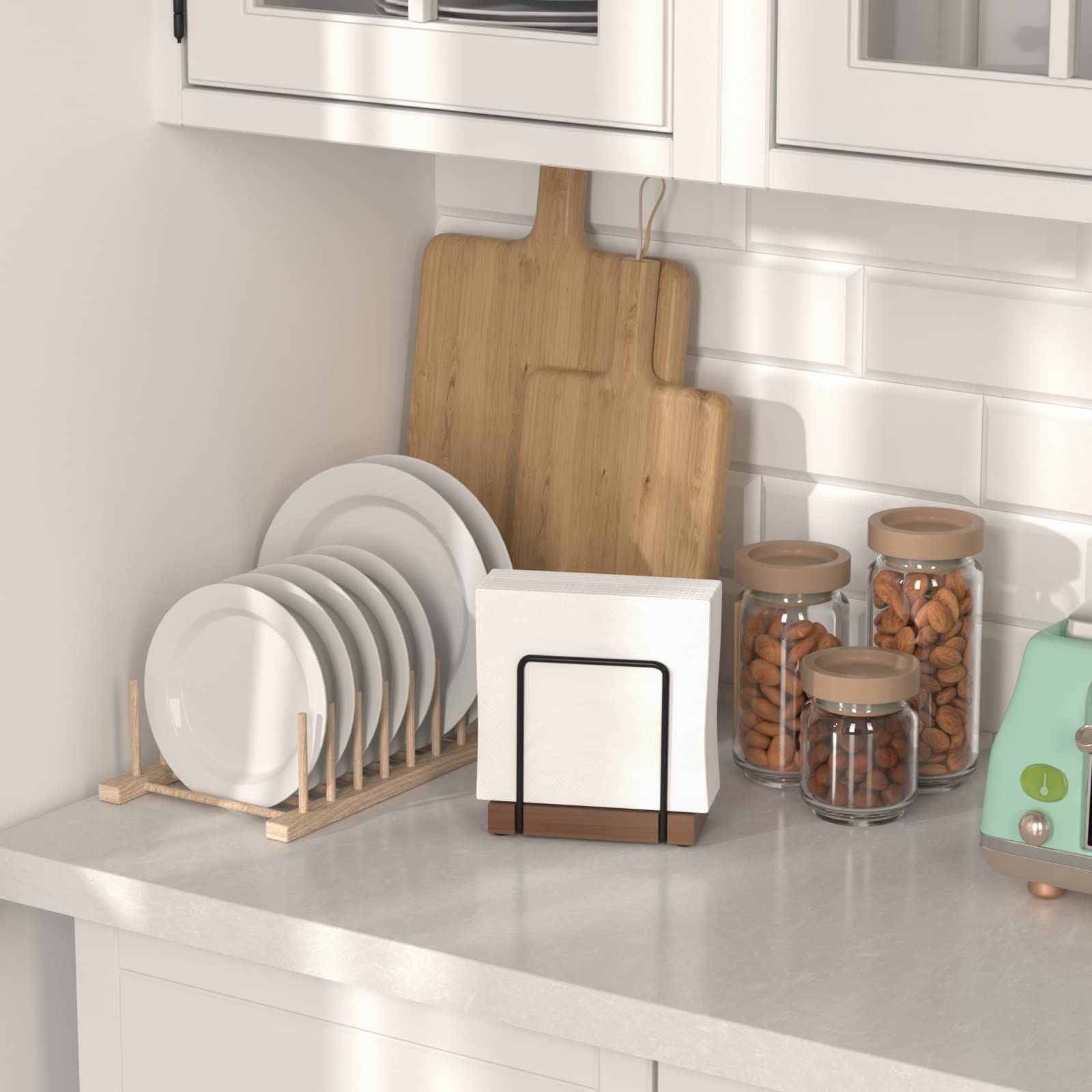 Wican rustic dining room decor napkin holder elevates farmhouse table styling.