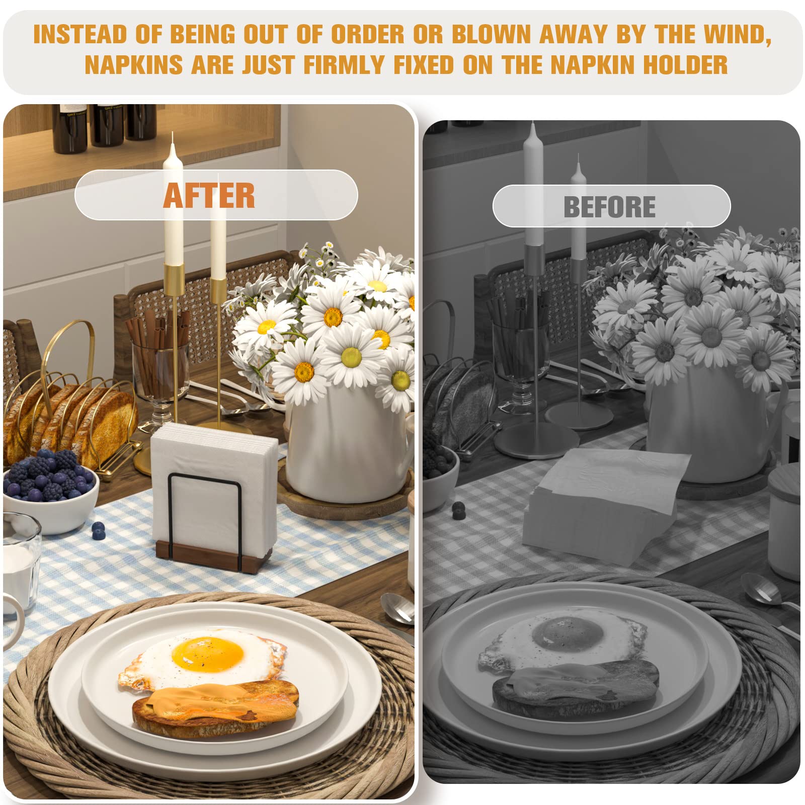 Wican no-assembly bamboo iron napkin holder ships ready to use.