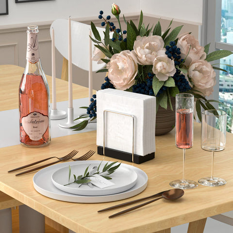 Wican napkin holder side view highlights slim silhouette and surface protection.