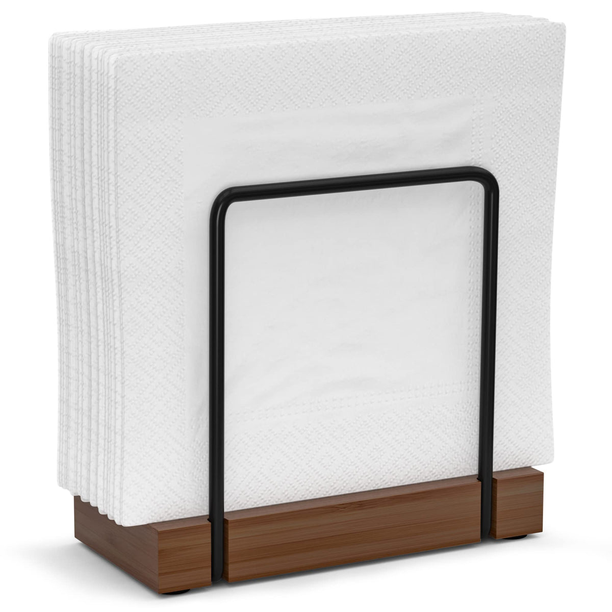 Wican napkin holder on tabletop bamboo iron stand keeps napkins close during meals.