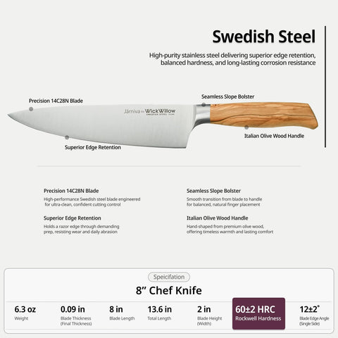 WICKWILLOW 8-inch chef knife edge stays sharp for clean cuts.