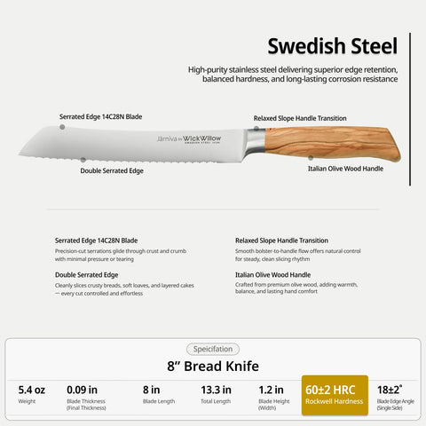 WICKWILLOW double serrated edge bread knife for smoother cuts.