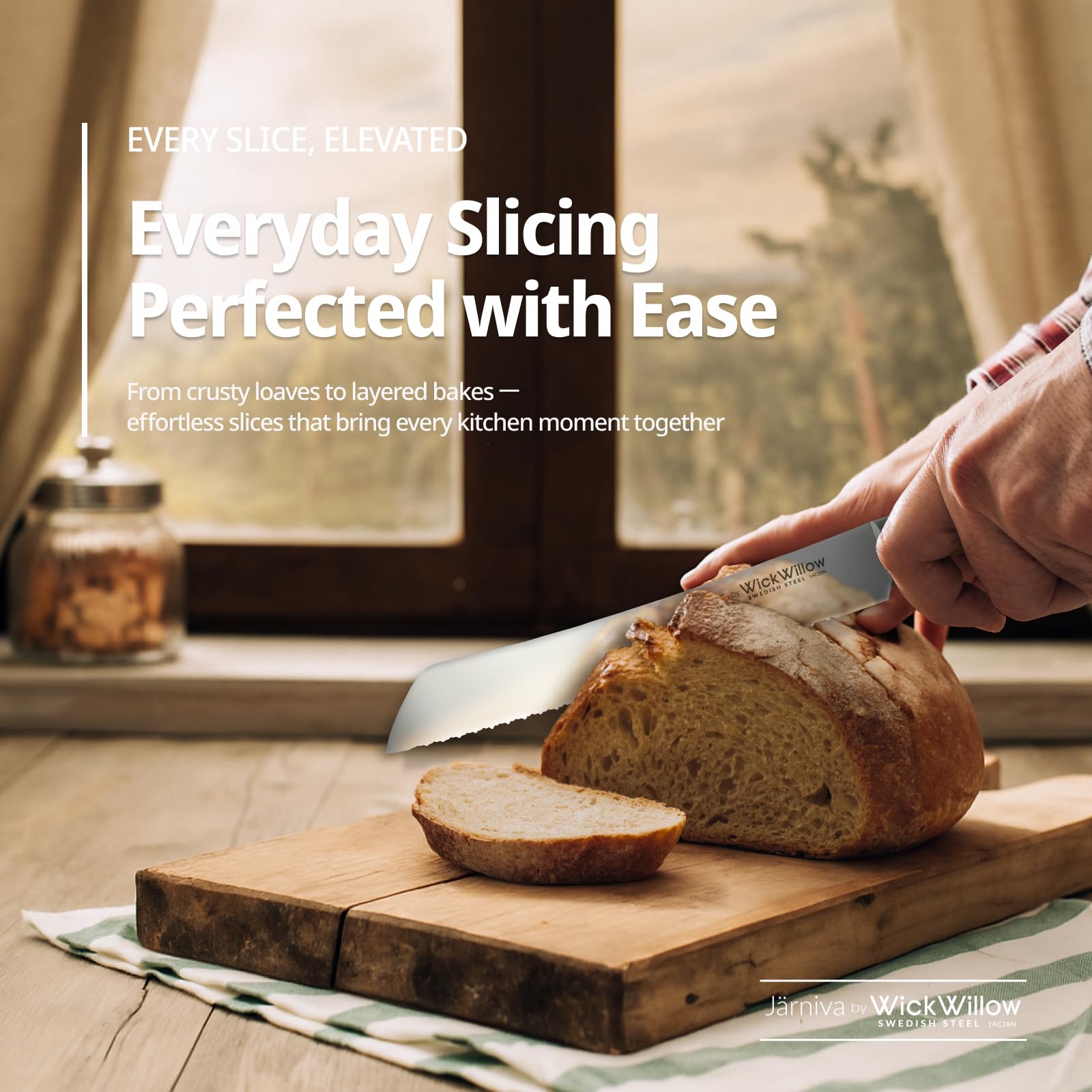 WICKWILLOW tomato and bread slicer avoids tearing.