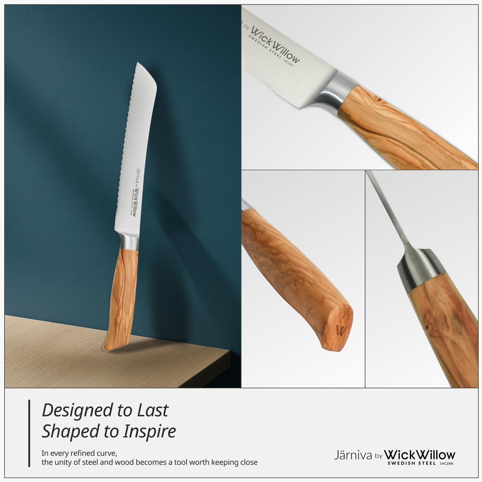 WICKWILLOW Italian olive wood handle provides comfortable, secure grip.