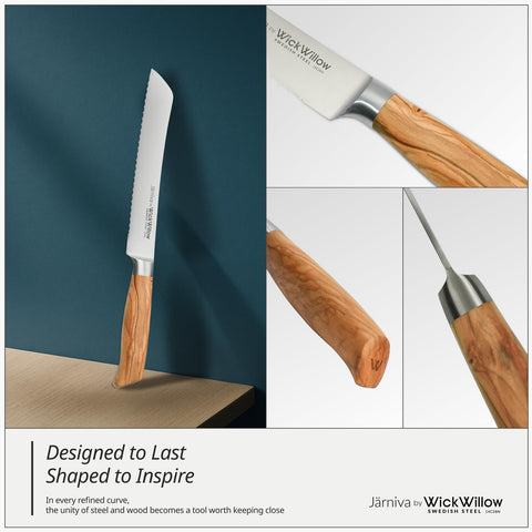 WICKWILLOW Italian olive wood handle provides comfortable, secure grip.
