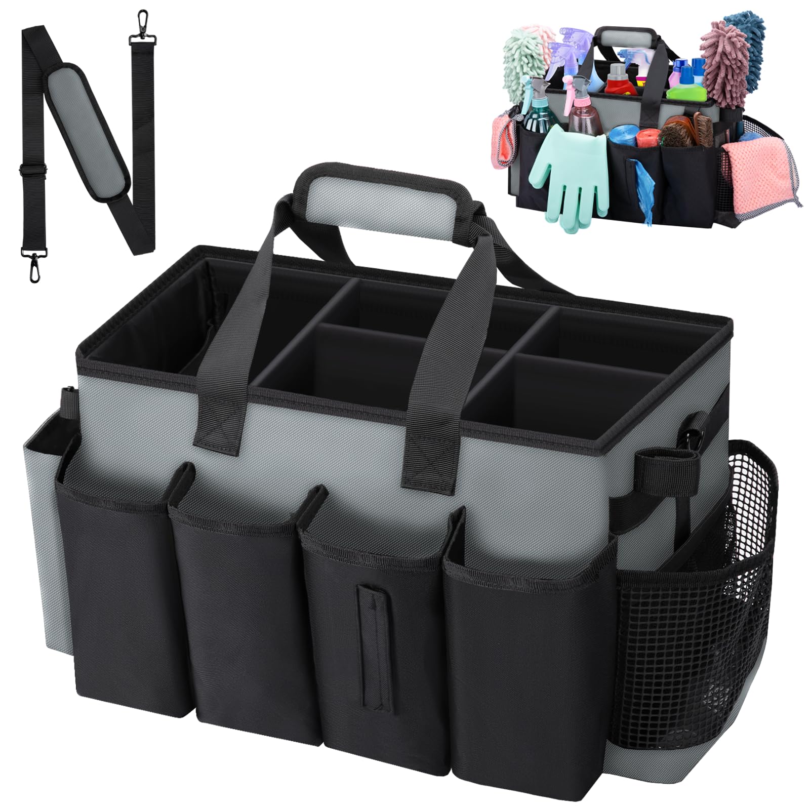 Wigojoy cleaning caddy bag exterior pockets for quick tool access.