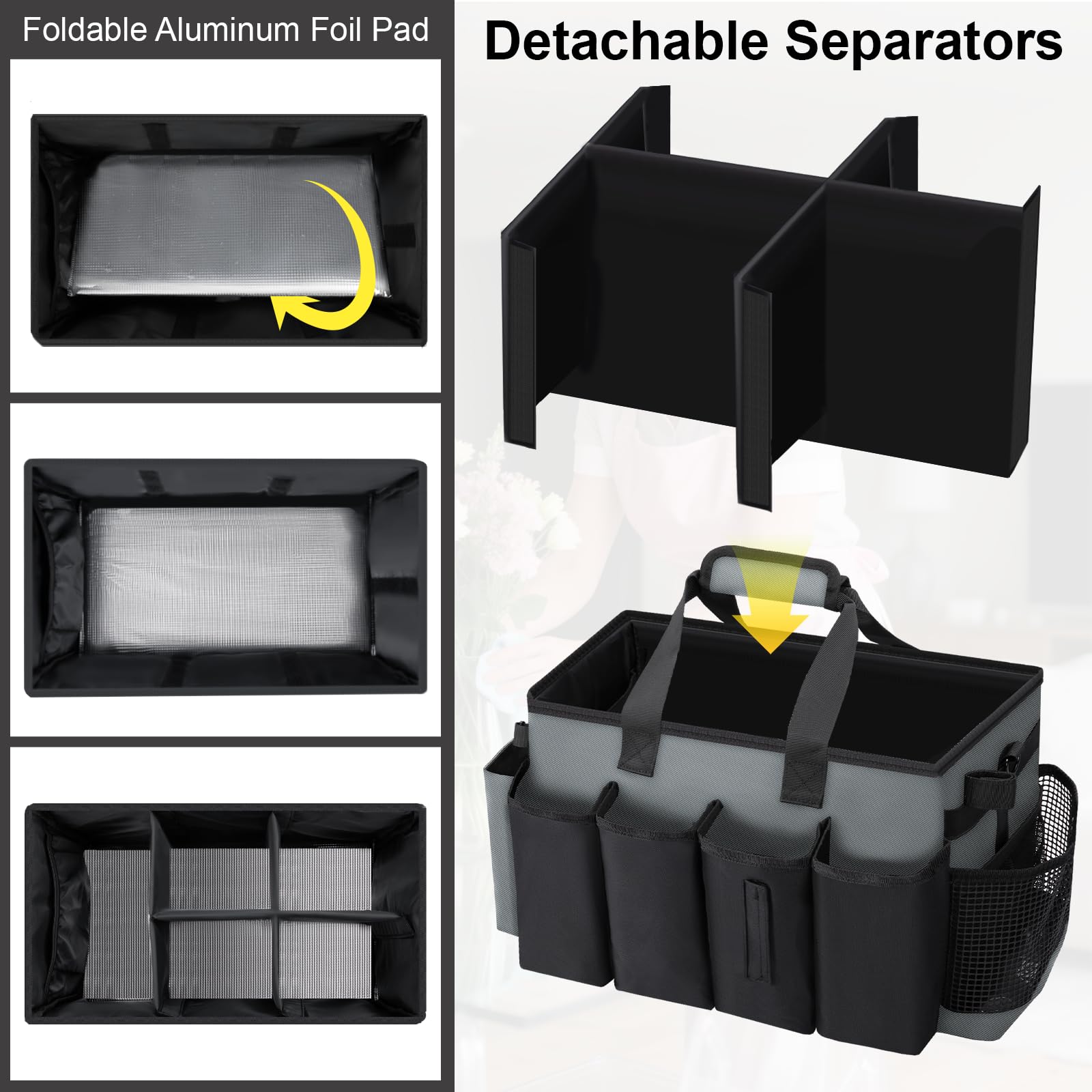 Wigojoy cleaning caddy bag side pockets left PVC and right mesh hold tools securely.