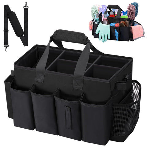 Wigojoy wearable cleaning caddy bag front view in black keeps supplies organized during on-the-go housekeeping.