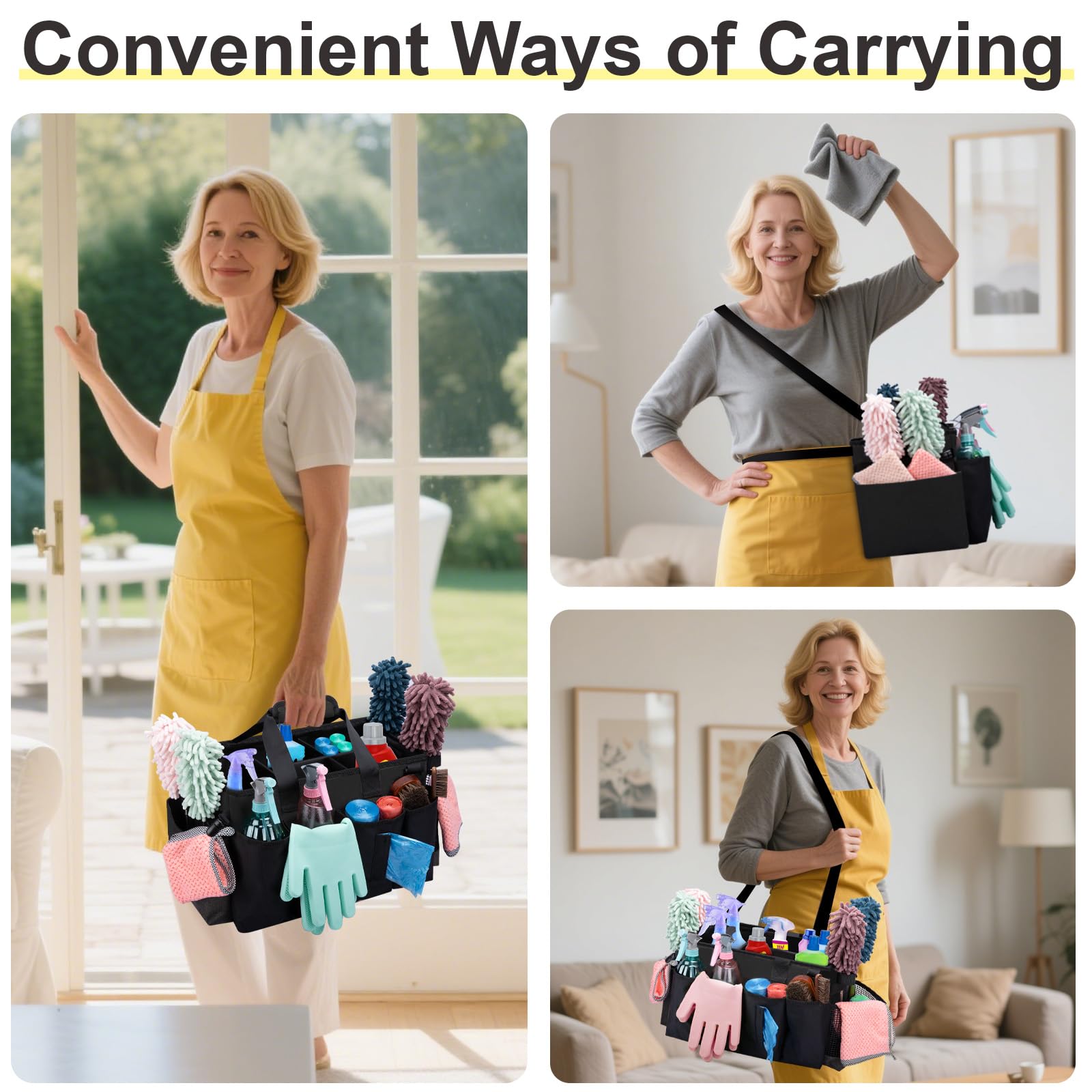 Wigojoy large-capacity caddy bag accommodates numerous supplies for professional housekeeping.