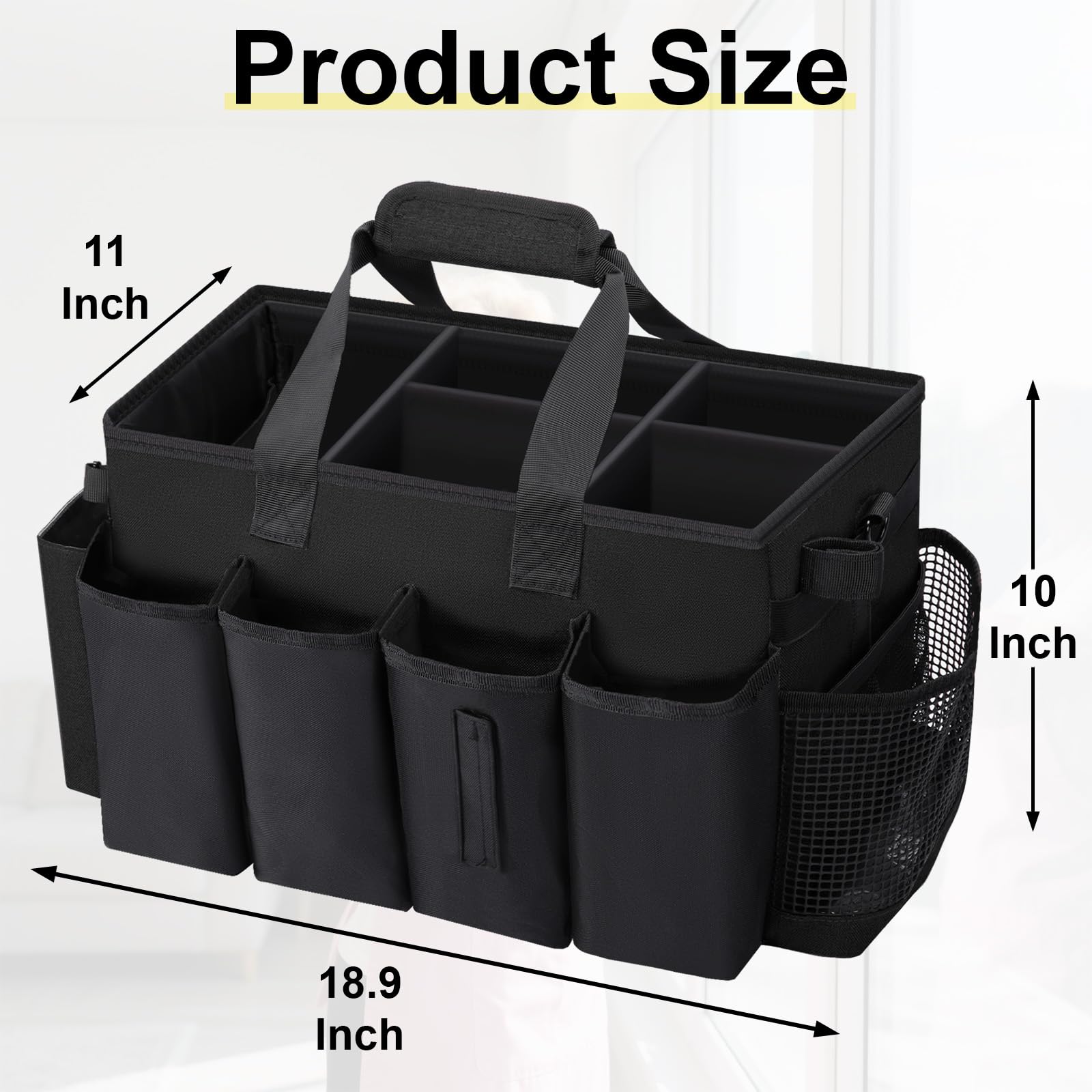 Wigojoy cleaning caddy bag side pocket open showing extra storage for brushes and gloves.